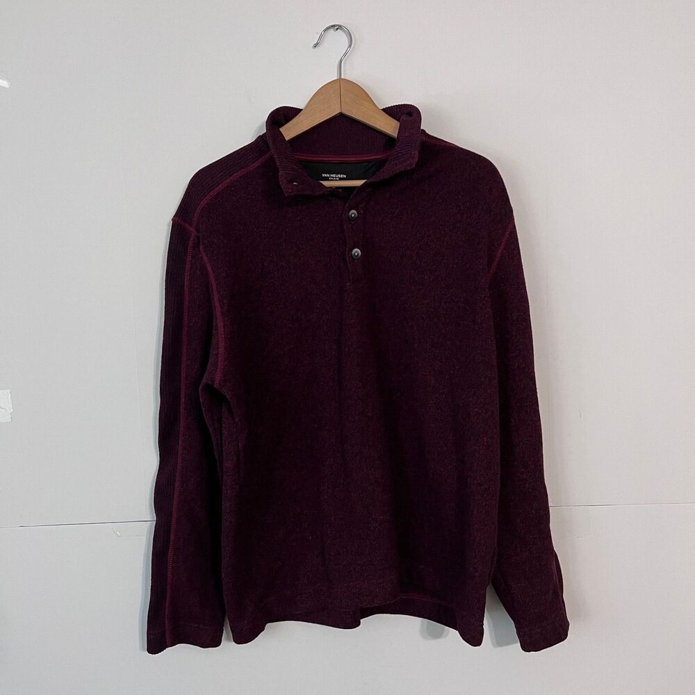 Van Heusen Mens Sweater Polo size L Maroon Classic Fit Flex Fleece 1/4 Button Up